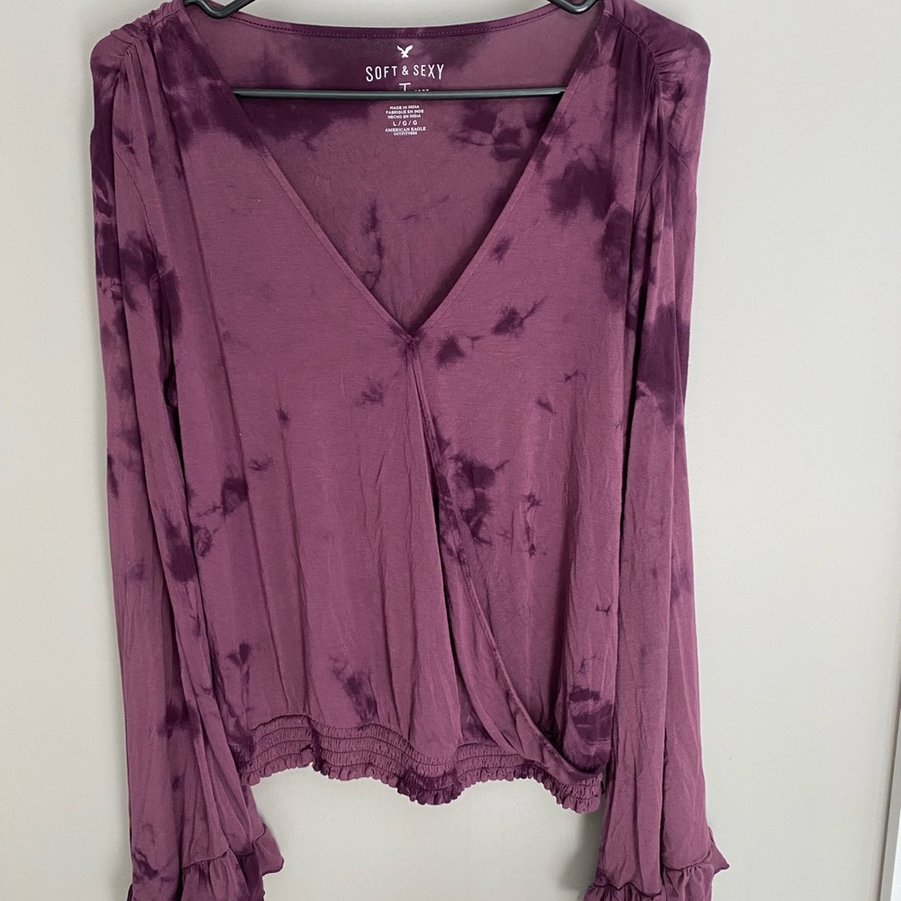 AE soft&sexy purple tie-dye flowy sleeve wrap top